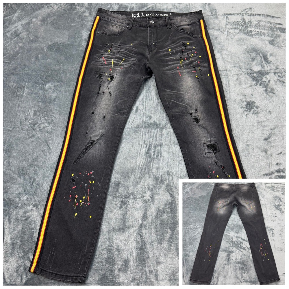 Kilogram Mens Distressed Paint Splatter Fade Side Stripe Jeans Black Size‎ 36X31